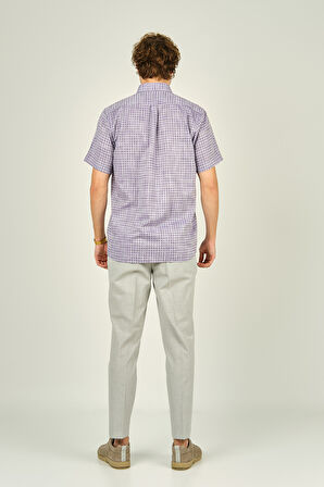 Mugi Erkek Desenli Tek Cepli Kısa Kollu %100 Pamuk Gömlek 3024 Mor