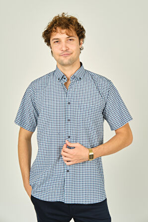 Mugi Erkek Ekoseli Yaka Düğmeli Kısa Kollu Pamuklu Gömlek 3008 Turkuaz