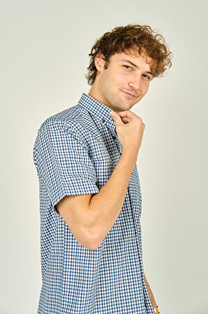 Mugi Erkek Ekoseli Yaka Düğmeli Kısa Kollu Pamuklu Gömlek 3008 Turkuaz