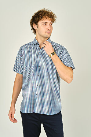 Mugi Erkek Ekoseli Yaka Düğmeli Kısa Kollu Pamuklu Gömlek 3008 Turkuaz