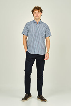 Mugi Erkek Ekoseli Yaka Düğmeli Kısa Kollu Pamuklu Gömlek 3008 Turkuaz