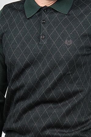 Pelikan Erkek Çizgili Dirsek Detaylı Polo Yaka Kazak 1577405 Yeşil