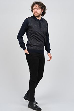 Woolman Erkek Desenli Polo Yaka Yün Kazak 1572001 Lacivert