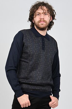 Woolman Erkek Desenli Polo Yaka Yün Kazak 1572001 Lacivert
