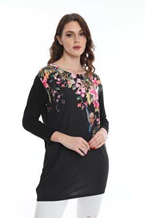 Ella Camelia Kadın Çiçek Desenli Uzun Bluz 5010069 Siyah