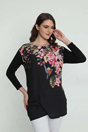 Ella Camelia Kadın Çiçek Desenli Uzun Bluz 5010069 Siyah