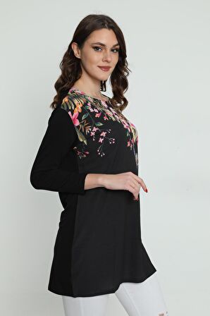 Ella Camelia Kadın Çiçek Desenli Uzun Bluz 5010069 Siyah