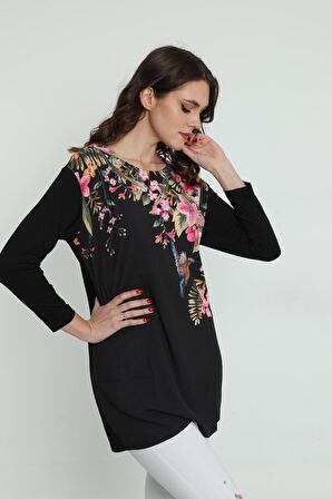 Ella Camelia Kadın Çiçek Desenli Uzun Bluz 5010069 Siyah