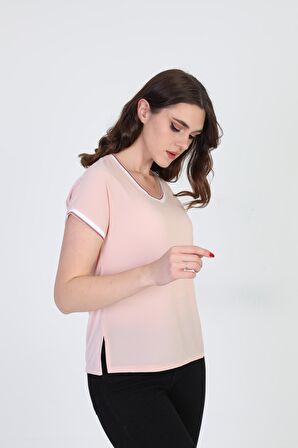 Ella Camelia Kadın Yakası ve Kolları Simli Şerit Detaylı Bluz 5010022 Pudra