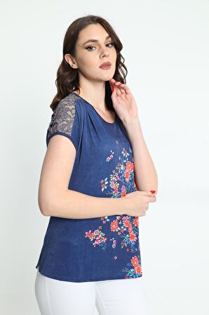 Ella Camelia Kadın Omzu Dantelli Çiçek Desenli Bluz 5010050 Lacivert