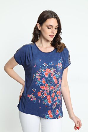 Ella Camelia Kadın Omzu Dantelli Çiçek Desenli Bluz 5010050 Lacivert