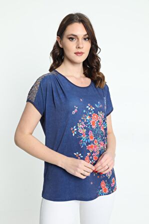 Ella Camelia Kadın Omzu Dantelli Çiçek Desenli Bluz 5010050 Lacivert
