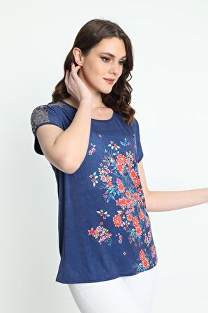 Ella Camelia Kadın Omzu Dantelli Çiçek Desenli Bluz 5010050 Lacivert