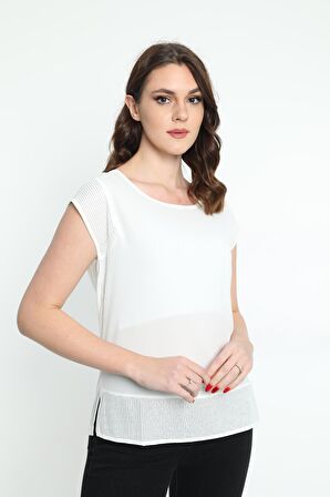 Ella Camelia Kadın Omuz Detaylı Yuvarlak Yaka Bluz 5010009 Ekru