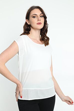 Ella Camelia Kadın Omuz Detaylı Yuvarlak Yaka Bluz 5010009 Ekru
