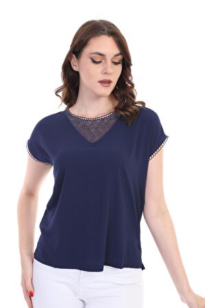 Ella Camelia Kadın Dantel Detaylı Bluz 5010024 Lacivert