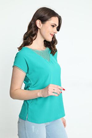 Ella Camelia Kadın Dantel Detaylı Bluz 5010024 Yeşil