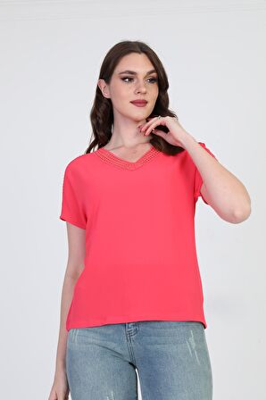 Ella Camelia Kadın Dantel Detaylı Bluz 5010027 Mercan