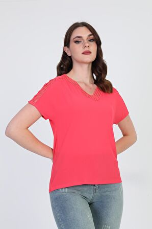 Ella Camelia Kadın Dantel Detaylı Bluz 5010027 Mercan
