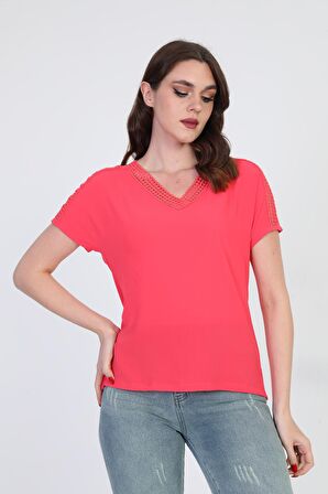 Ella Camelia Kadın Dantel Detaylı Bluz 5010027 Mercan