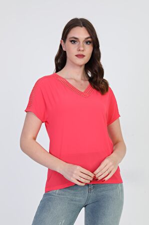 Ella Camelia Kadın Dantel Detaylı Bluz 5010027 Mercan