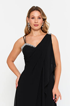 Şeref Vural Kadın Büyük Beden Kolsuz Taş Detaylı Uzun Abiye Elbise 6671 Siyah