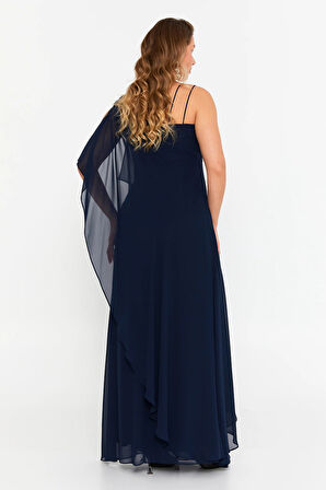 Şeref Vural Kadın Büyük Beden Kolsuz Taş Detaylı Uzun Abiye Elbise 6671 Lacivert