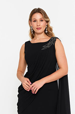 Şeref Vural Kadın Büyük Beden Tek Omuz İşlemeli Maxi Abiye Elbise 6707 Siyah