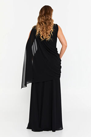 Şeref Vural Kadın Büyük Beden Tek Omuz İşlemeli Maxi Abiye Elbise 6707 Siyah