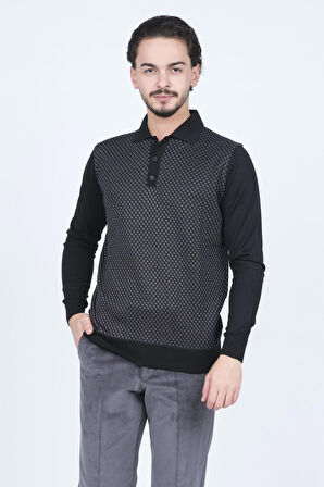 Pave Erkek Desenli Polo Yaka Triko Yün Kazak 4533224 Siyah
