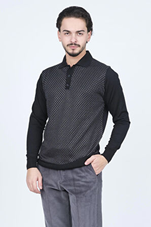 Pave Erkek Desenli Polo Yaka Triko Yün Kazak 4533224 Siyah