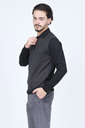 Pave Erkek Desenli Polo Yaka Triko Yün Kazak 4533224 Siyah