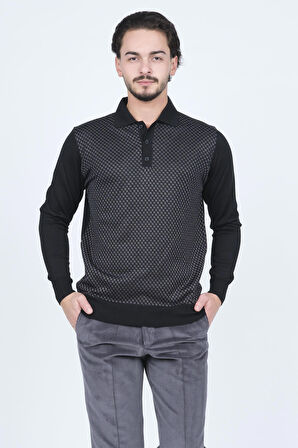 Pave Erkek Desenli Polo Yaka Triko Yün Kazak 4533224 Siyah