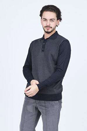 Pave Erkek Desenli Polo Yaka Triko Yün Kazak 4533224 Lacivert