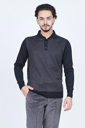 Pave Erkek Desenli Polo Yaka Triko Yün Kazak 4533224 Lacivert
