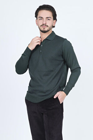 Pave Erkek Desenli Polo Yaka Triko Yün Kazak 4533224 Yeşil