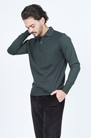 Pave Erkek Desenli Polo Yaka Triko Yün Kazak 4533224 Yeşil