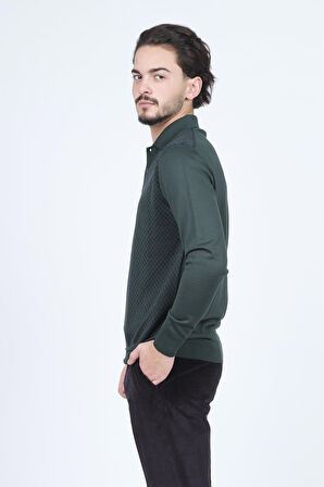 Pave Erkek Desenli Polo Yaka Triko Yün Kazak 4533224 Yeşil