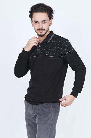 Rey Polo Erkek Desenli Polo Yaka Triko Sweat 6741254 Siyah