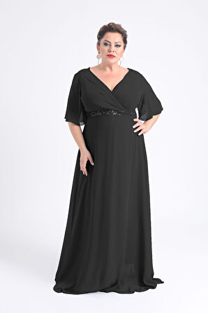 Lilas XXL Kadın Büyük Beden Uzun Şifon Abiye Elbise 9510 Siyah