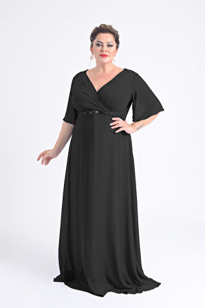 Lilas XXL Kadın Büyük Beden Uzun Şifon Abiye Elbise 9510 Siyah