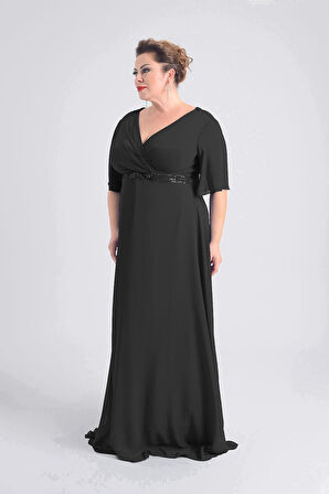 Lilas XXL Kadın Büyük Beden Uzun Şifon Abiye Elbise 9510 Siyah