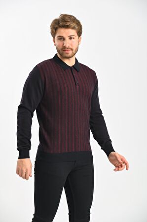 Çizgi Triko Erkek Polo Yaka Pamuklu Triko Kazak 4451F Lacivert