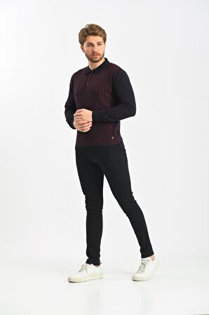 Çizgi Triko Erkek Polo Yaka Pamuklu Triko Kazak 4451F Lacivert