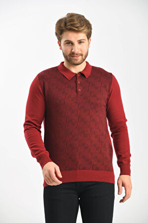 Çizgi Triko Erkek Polo Yaka Pamuklu Triko Kazak 4445F Bordo
