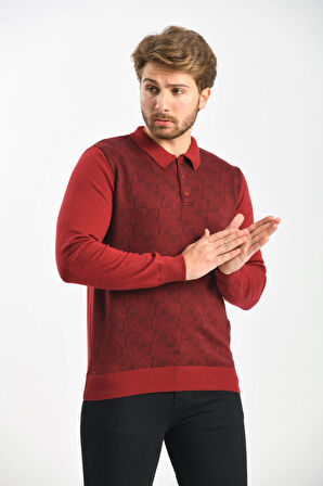 Çizgi Triko Erkek Polo Yaka Pamuklu Triko Kazak 4445F Bordo