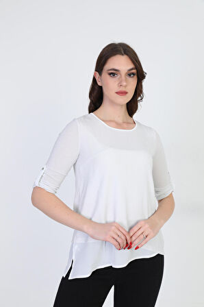 Ella Camelia Kadın Asimetrik Tül Detaylı Bluz 042 Ekru