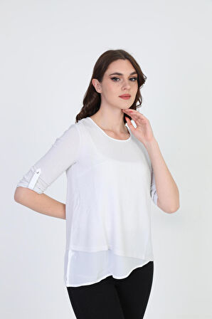 Ella Camelia Kadın Asimetrik Tül Detaylı Bluz 042 Ekru