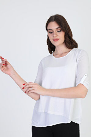 Ella Camelia Kadın Asimetrik Tül Detaylı Bluz 042 Ekru