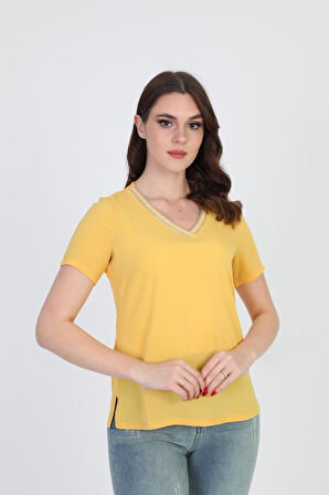 Ella Camelia Kadın Yaka İşlemeli Bluz 9E013 Sarı